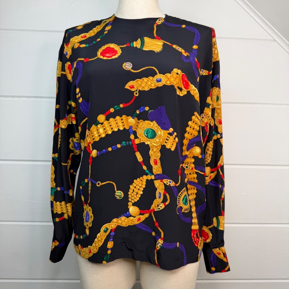 Linda Allard Ellen Tracy 4‎ Small 100% Silk Blouse 80s 90s Baroque Chain Jewel